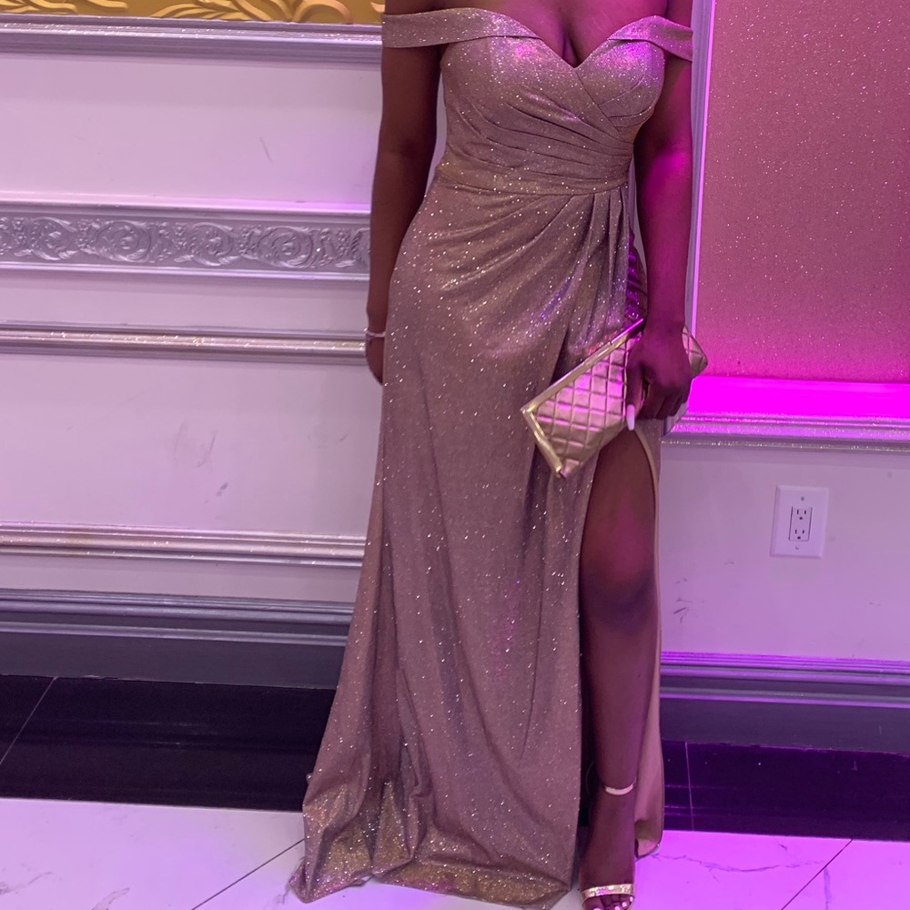 Off Shoulder Gold Shimmery Dress